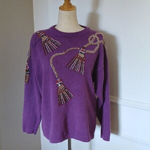 90s Victoria Harbour Purple Sweater With Bead And Sequin Tassel Embroidery